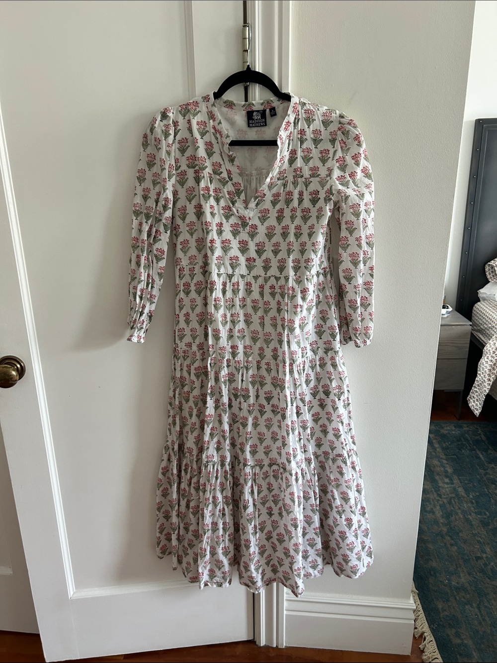 Cotton Floral Tiered Midi Dress - White with Pink Floral